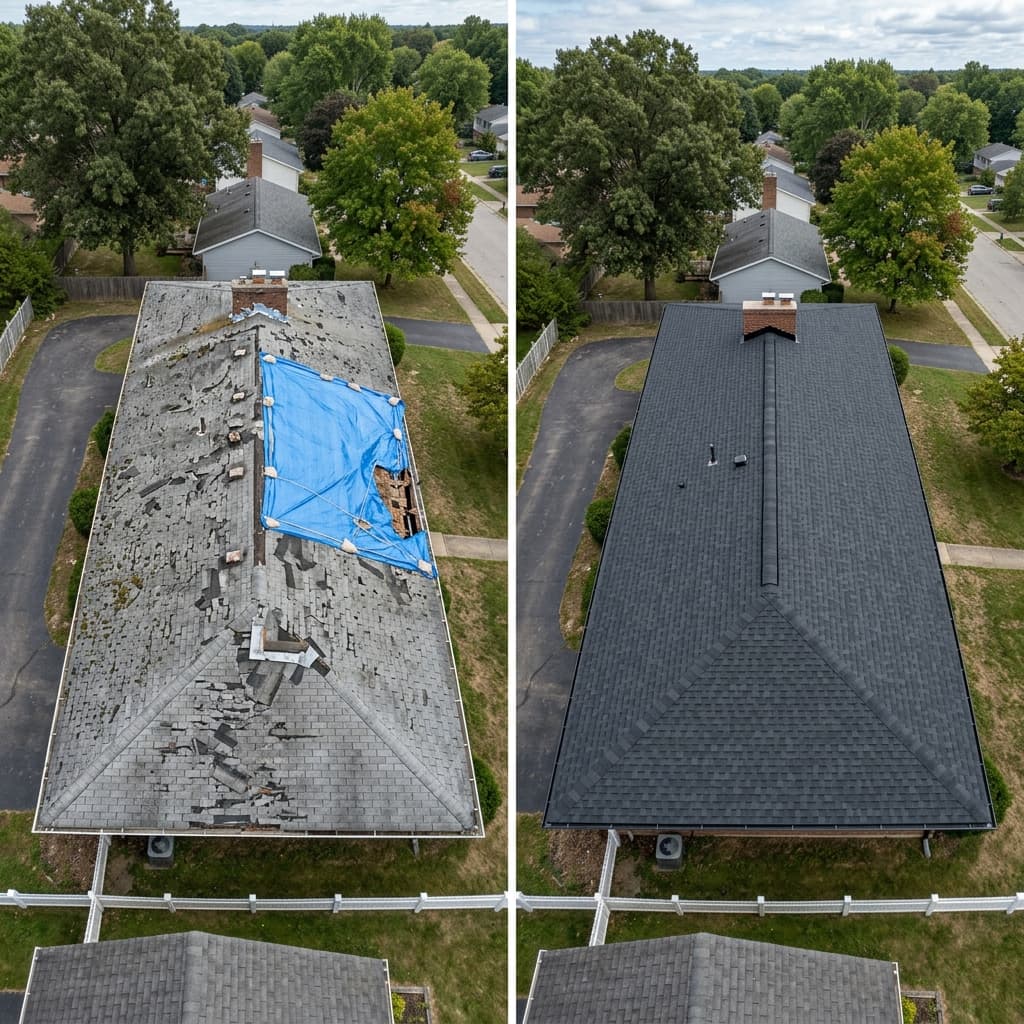 Aerial roofing documentation showing tear-off through completion